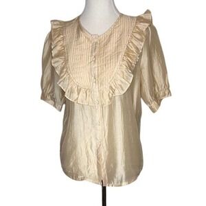 HuiYiGe Champagne Gold Silk Bib Front Ruffle Pintuck Blouse Korean Style Large